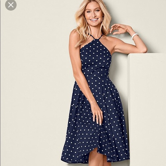 blue and white polka dot dress